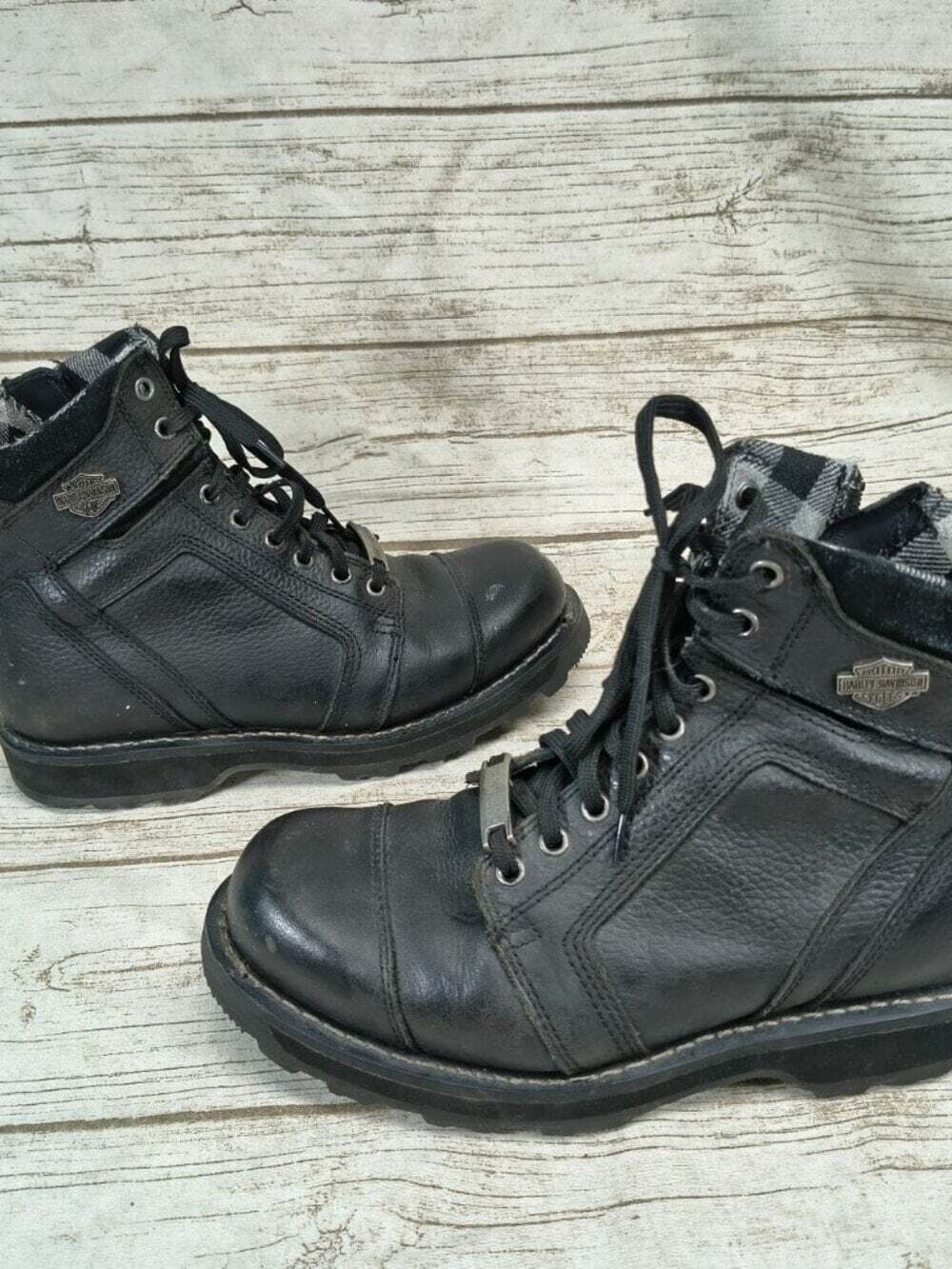 Harley-Davidson Womes Black Leather Plaid Lined Side-Zip Ankle Boots Size US 10